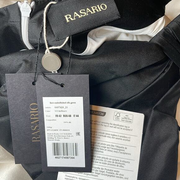 RASARIO One Shoulder Bow Embellished Silk Satin Black and White Maxi Gown Sz 10 - Picture 11 of 13